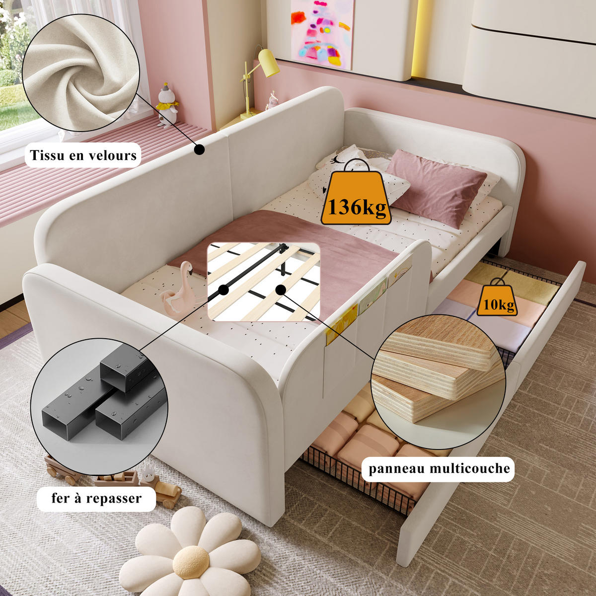 POLSTERBETT 90/200 cm Weiß mit Stauraum und erhöhtem Zaunbrett aus Samt - Weiß, Textil (90/200cm) - OKWISH