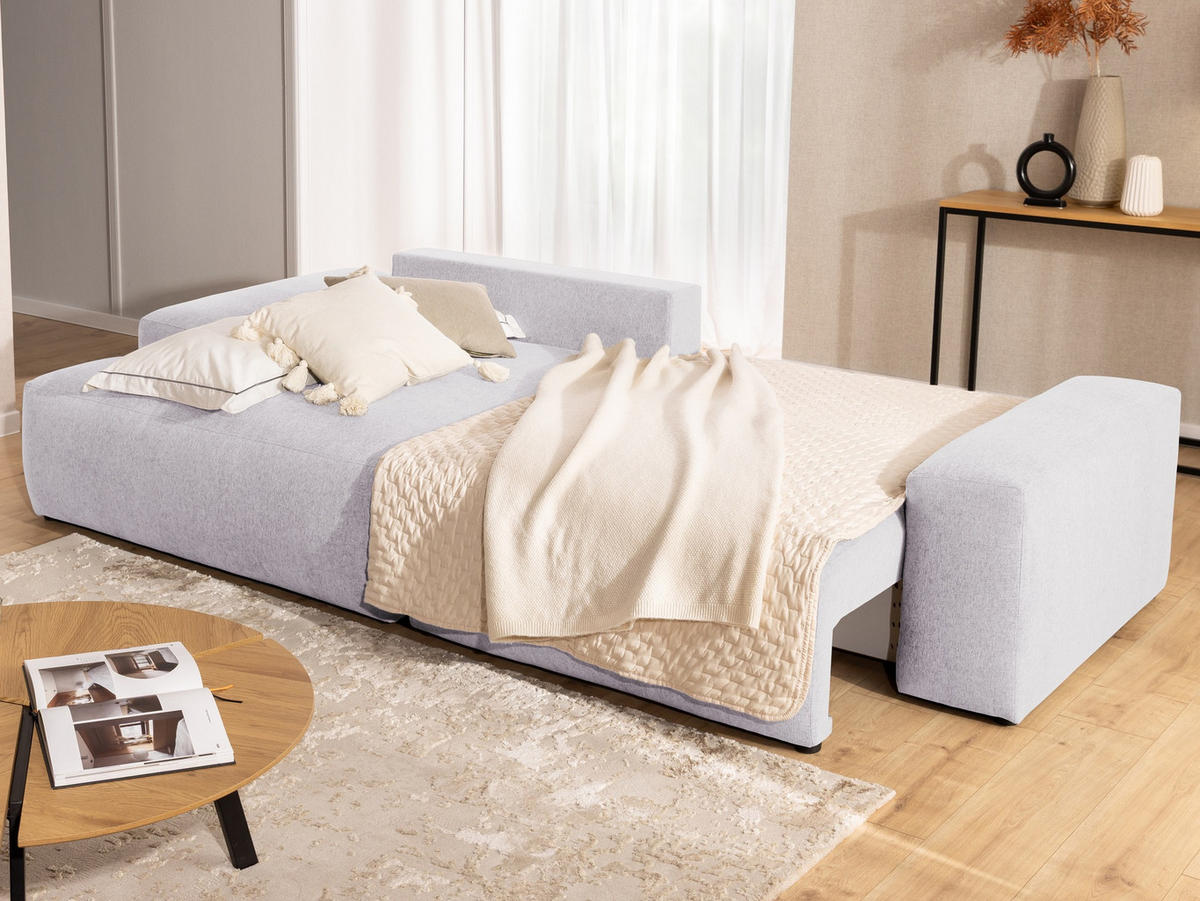 ECKSOFA Lennon aus Greige Strukturstoff mit Schlaffunktion und Bettkasten - Greige/Schwarz, Holz/Kunststoff (137/264cm) - S-Style