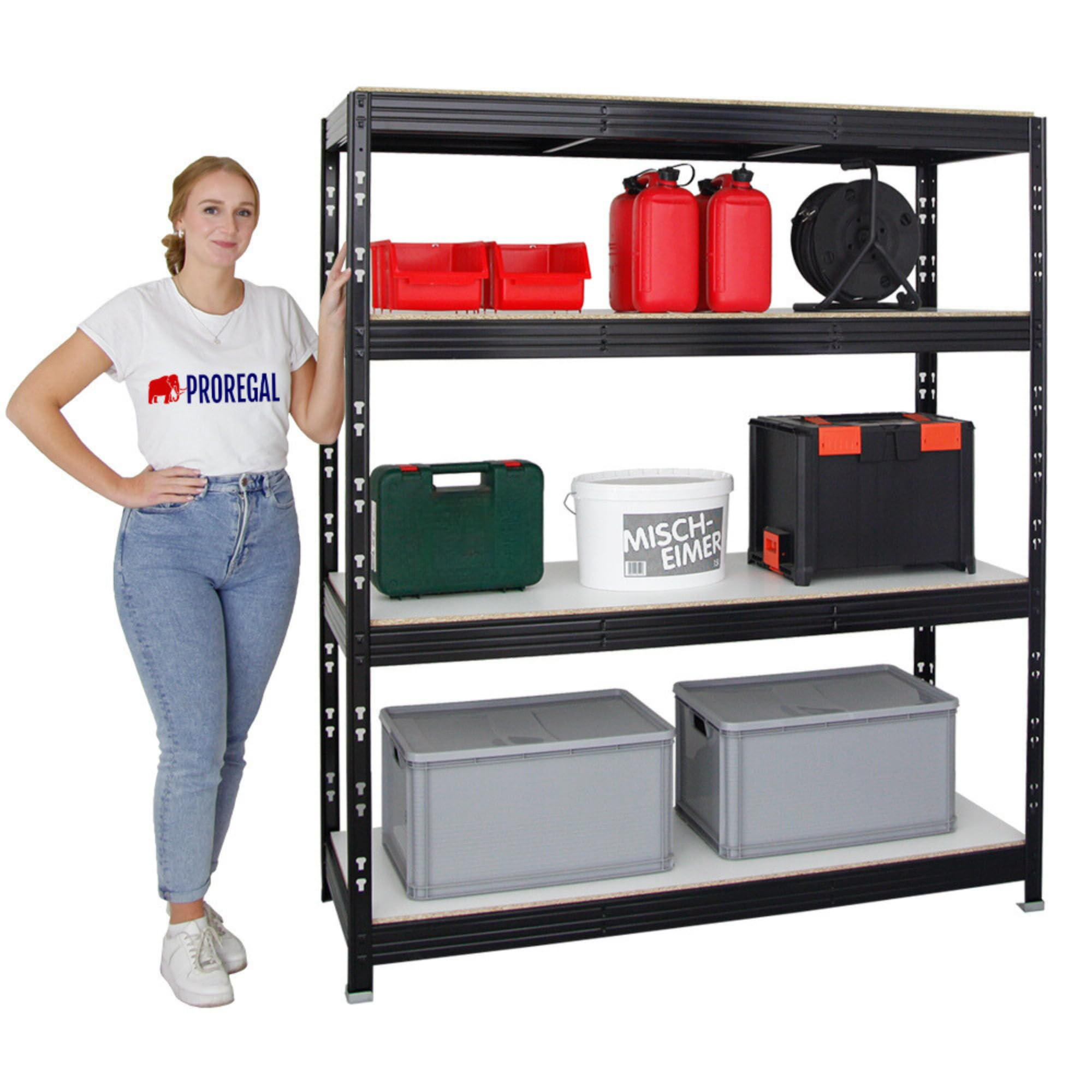 SCHWERLASTREGAL Rhino 180x160x60 cm 4 Melamin-Ebenen 16mm Fachlast 500 kg Schwarz - Schwarz/Weiß, Metall (160/180/60cm) - PROREGAL