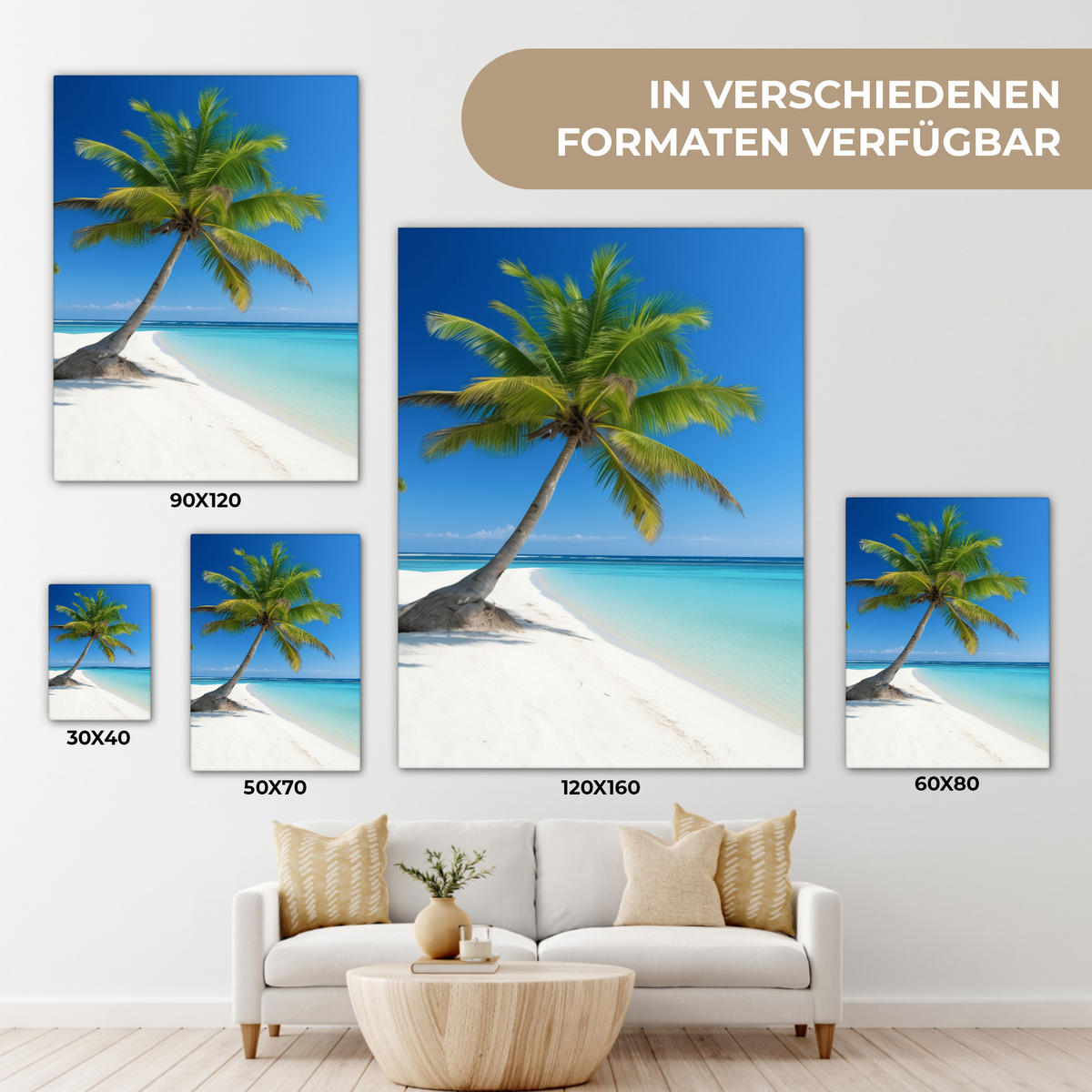 LEINWANDBILD Strand - Palme - Tropisch - Meer 60x80 cm - Grün, Textil (60/80cm) - MuchoWow