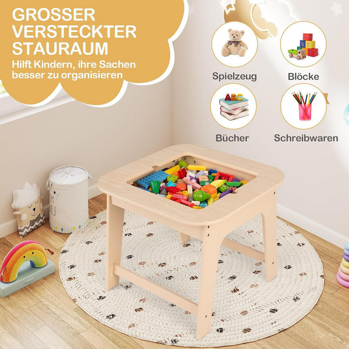 KINDERTISCH mit 2 Stühlen natur (3-tlg) - Naturfarben, Holzwerkstoff (60/49/60cm) - COSTWAY