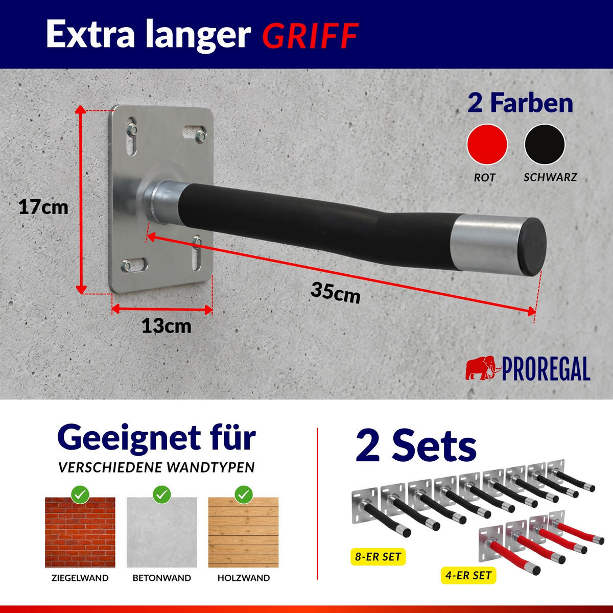 AUTOREIFEN-WANDHALTER PREX PRO 4er Reifen Set HxBxT 17x13x35 cm Traglast 35 kg Schwarz Set für Garage Zum Anschrauben mit hoher Qualität - Schwarz, Metall (35/13/9cm) - PROREGAL