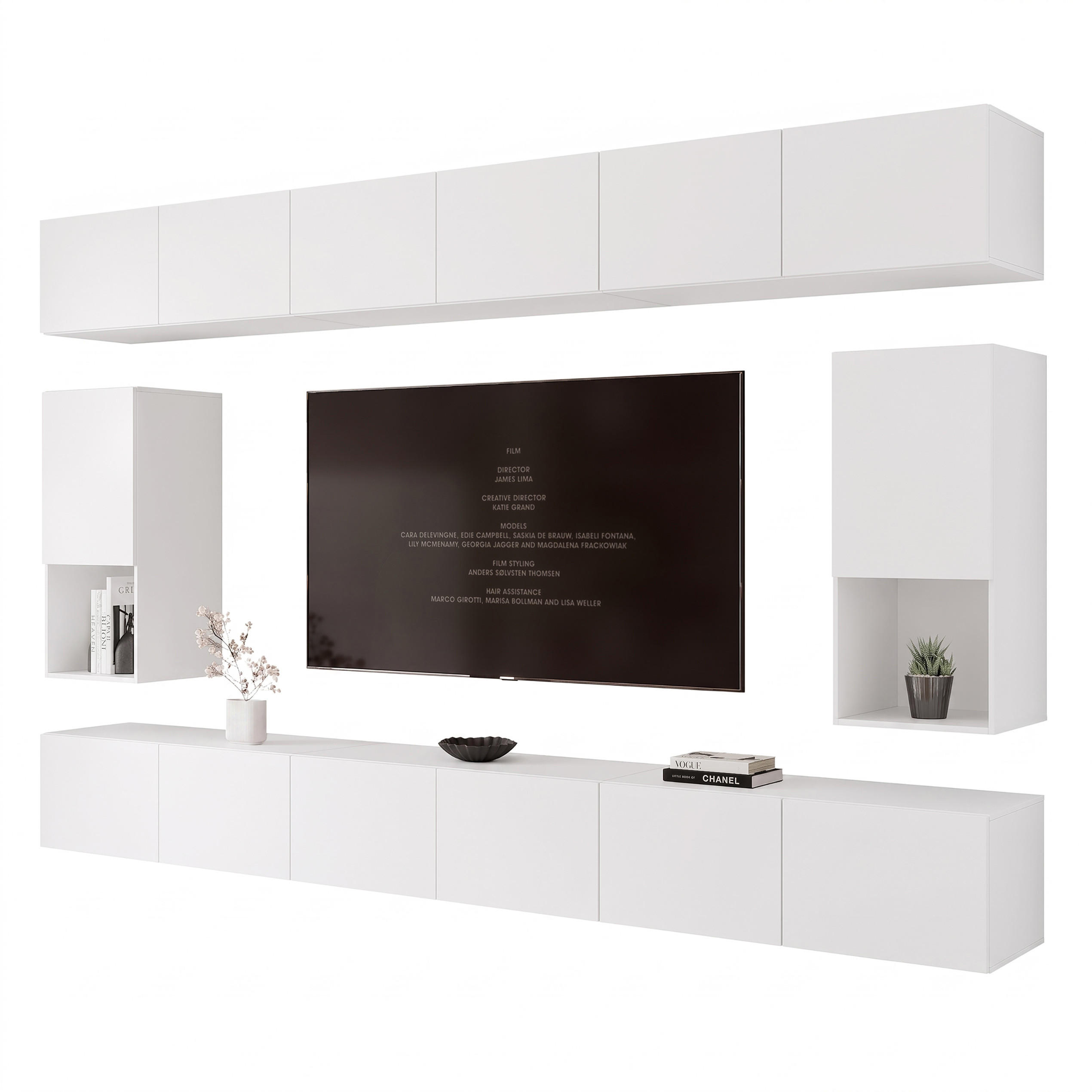 WOHNWAND ANGEL LINE IV 4-teilig, mit LED-Beleuchtung, Weiß matt - Weiß, Holzwerkstoff (300/162/40cm) - Idohome
