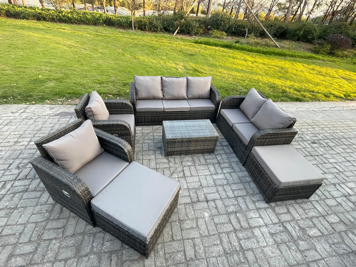 GARTENMÖBELGARNITUR mit KISSEN Polyrattan Dunkelgrau 9-Sitzer - Dunkelgrau/Grau, Glas/Kunststoff - Fimous
