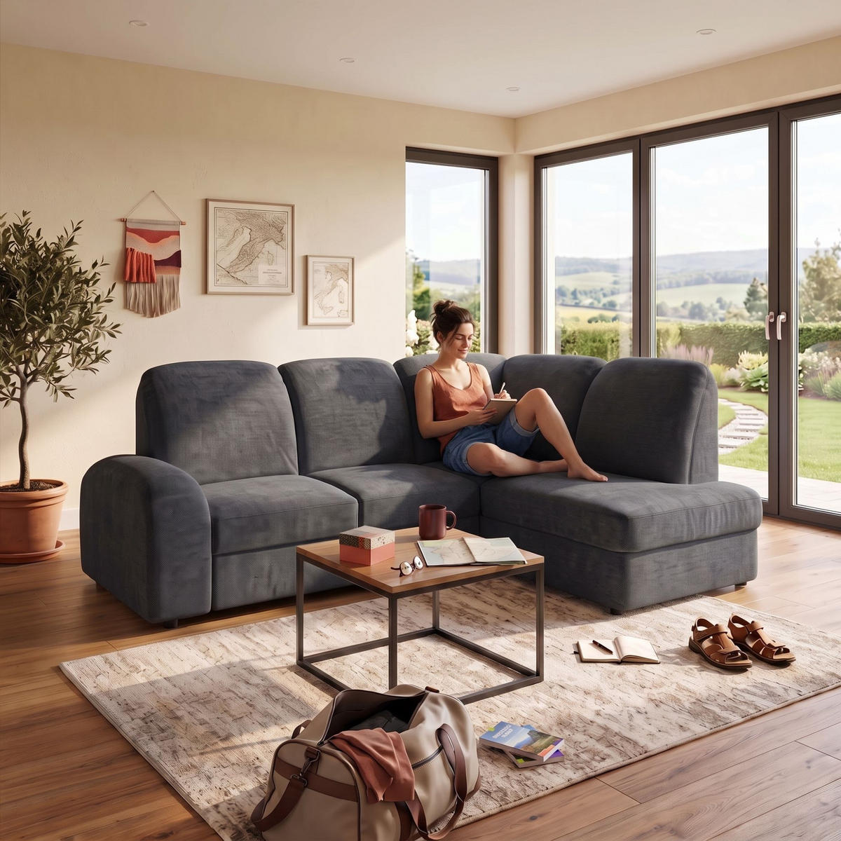 ECKSOFA VIBE L Rechts mit Schlaffunktion 129x205 Chenille Anthrazit - Anthrazit/Schwarz, Holz/Kunststoff (250/186cm) - Muffo
