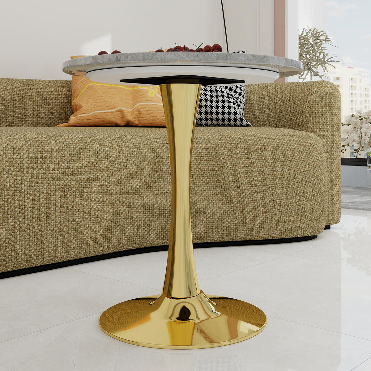 COUCHTISCH 70,1 cm in Goldfarben aus Kunstmarmor–rund und vielseitig - Goldfarben, Stein (70/70/72cm) - Flora Grace