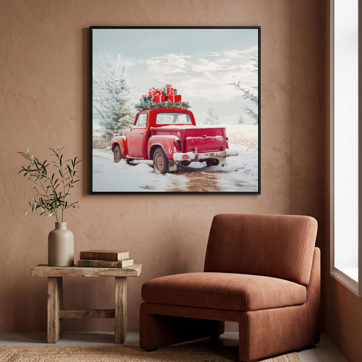 LEINWAND Bilder mit Rahmen - Auto - Rot - Geschenke - Winter - Schnee - Weihnachten - 90x90 - Rot, Textil (90/90cm) - MuchoWow