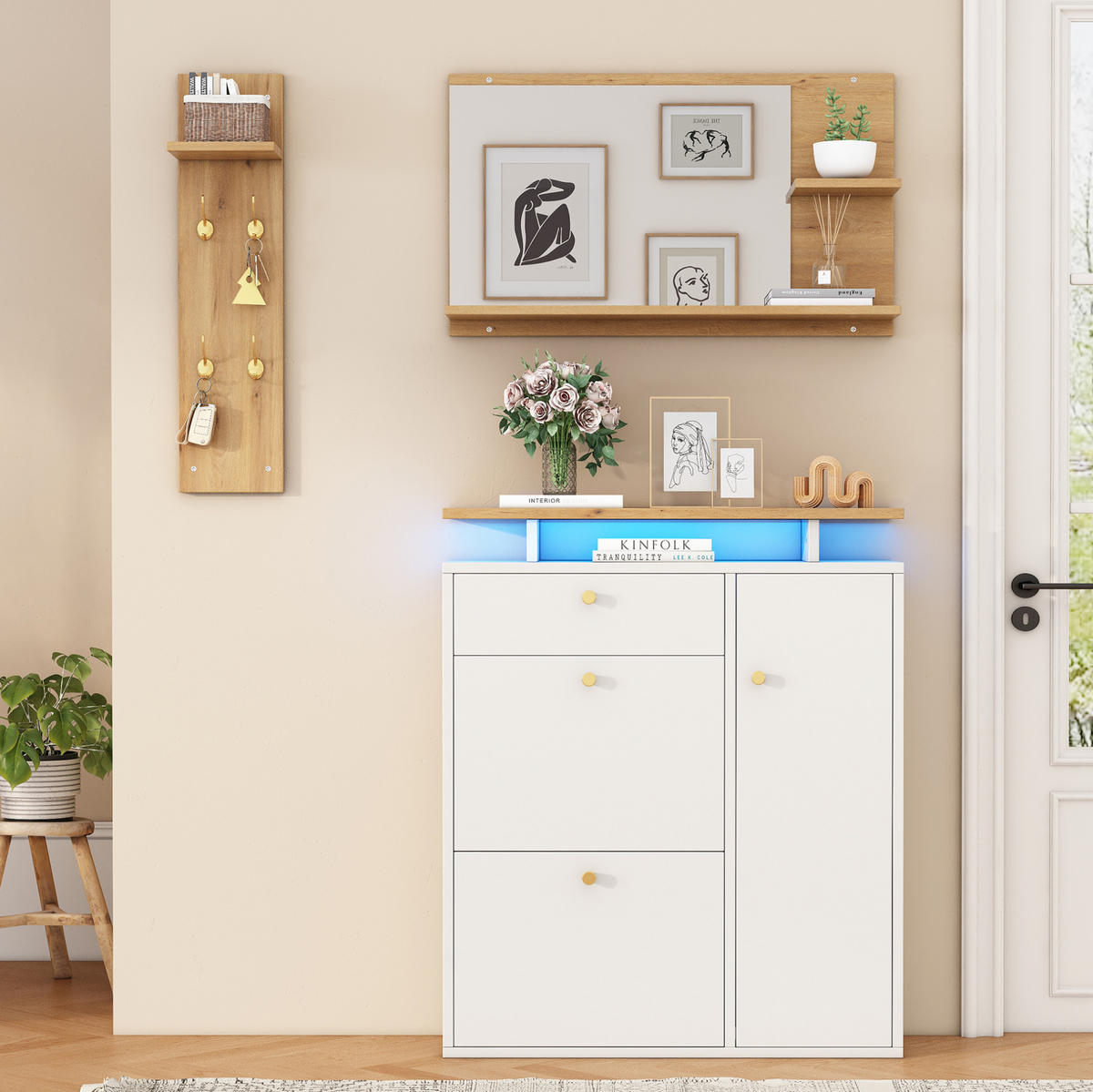 GARDEROBENSET 105/25/151,5 cm weiß aus Spanplatte mit LED und Spiegel - Weiß, Holzwerkstoff (105/151.5/25cm) - OKWISH