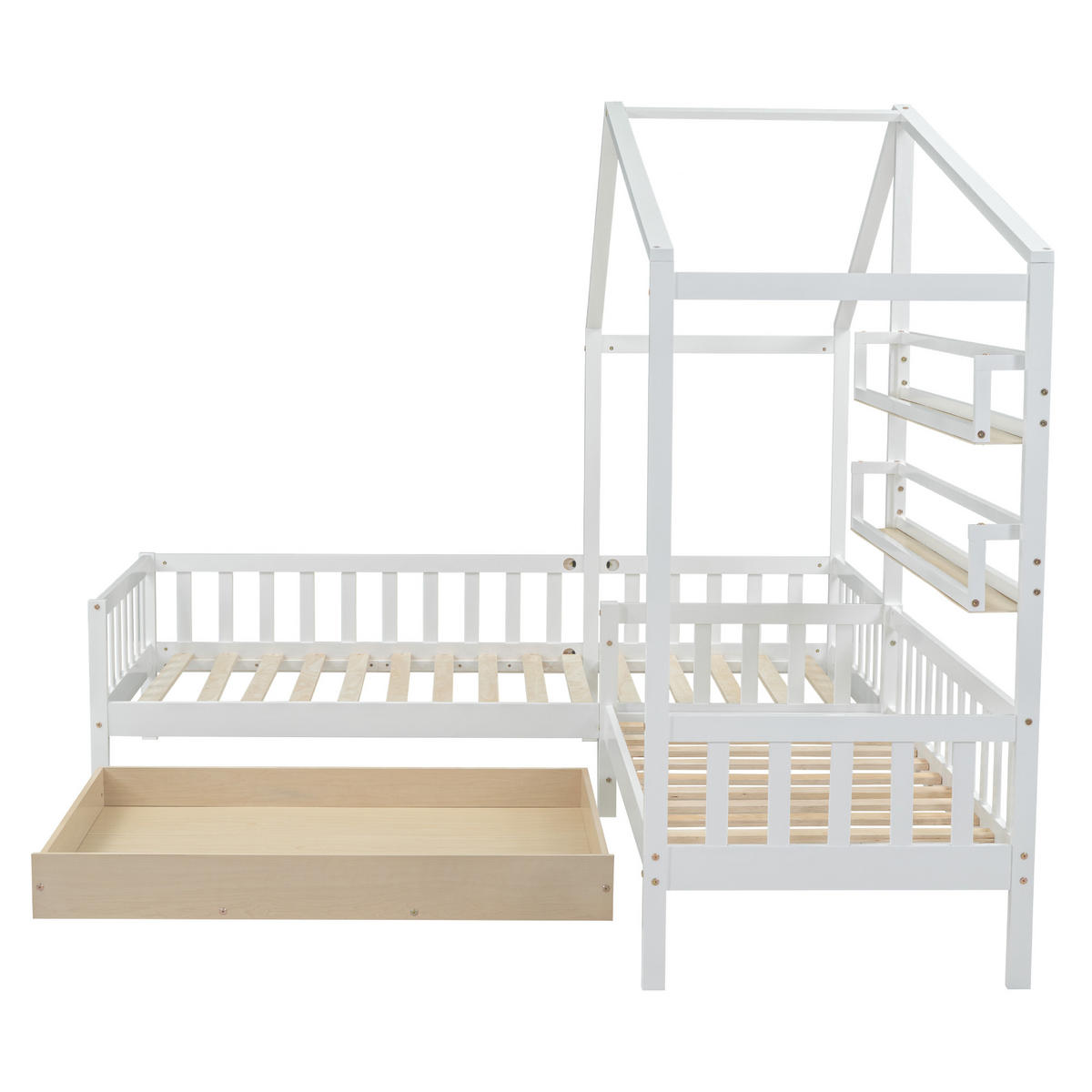 HAUSBETT 90/200-140/70 cm DE-00454, in Weiß, Schubladen und Regalen - Weiß, Holz (90/200cm) - ComfortXL