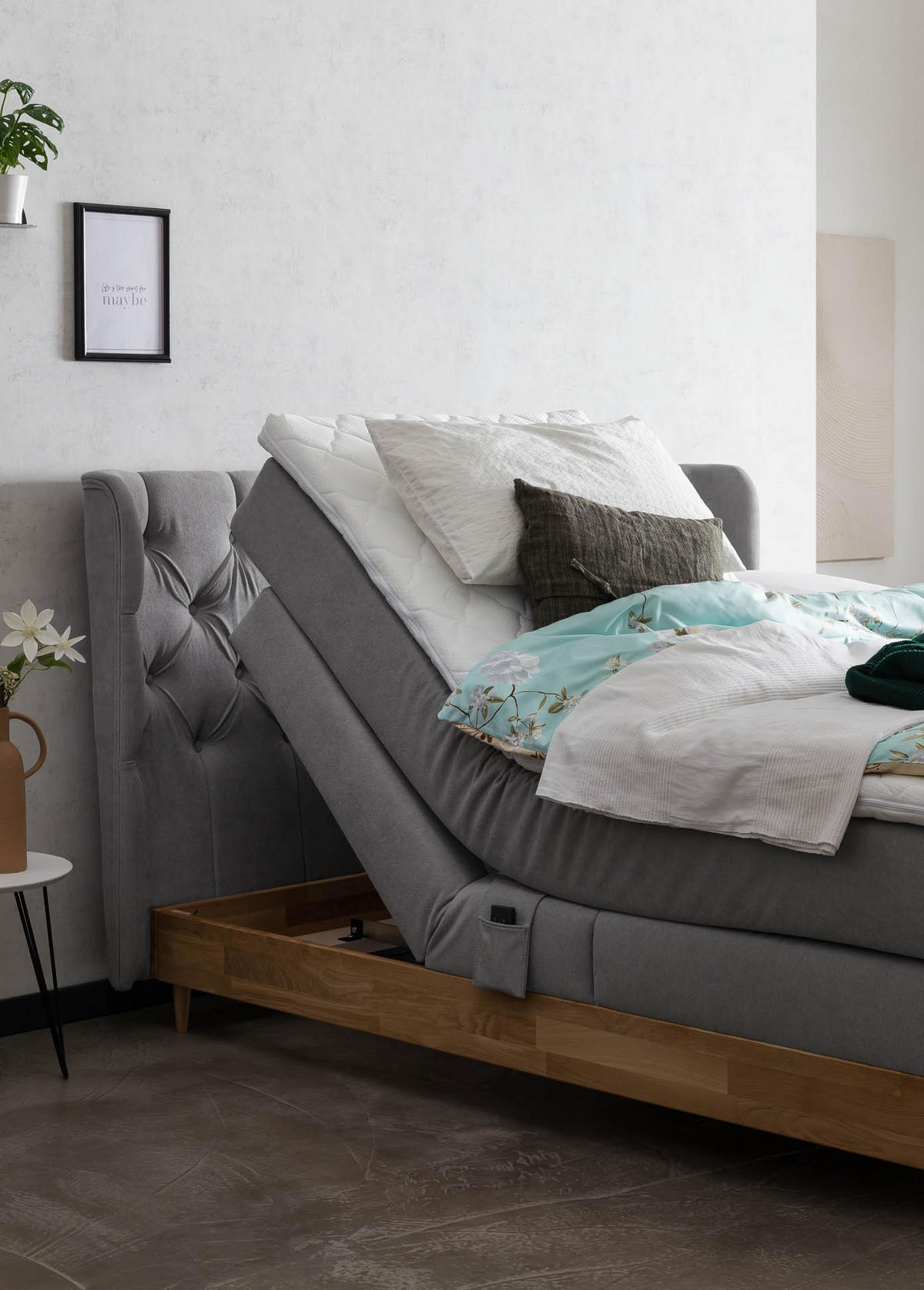BOXSPRINGBETT ELEKTRISCH VERSTELLBAR EON 180x200 Hellgrau H2 und H3 Bett mit Motor 7-Zonen TFK Matratze inkl. Visco Topper Motorbett mit Eiche - Hellgrau, Textil (180/200cm) - Belanoti