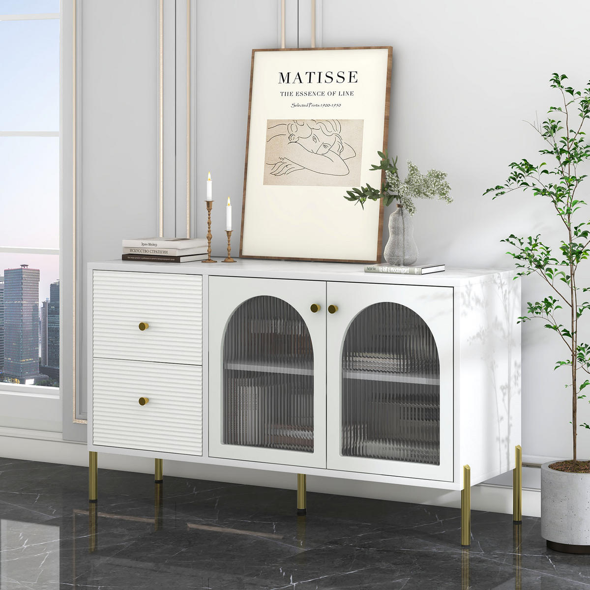 SIDEBOARD mit Vitrine Marmor Glas Weiß - Weiß, Glas (40/73/120cm) - Urban Meuble