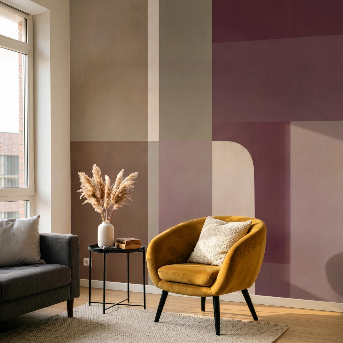 TAPETE - Unis - Abstrakt - Bordeaux - Linien - 220x240 cm - Multicolor, Papier (220/240cm) - OnlyWow