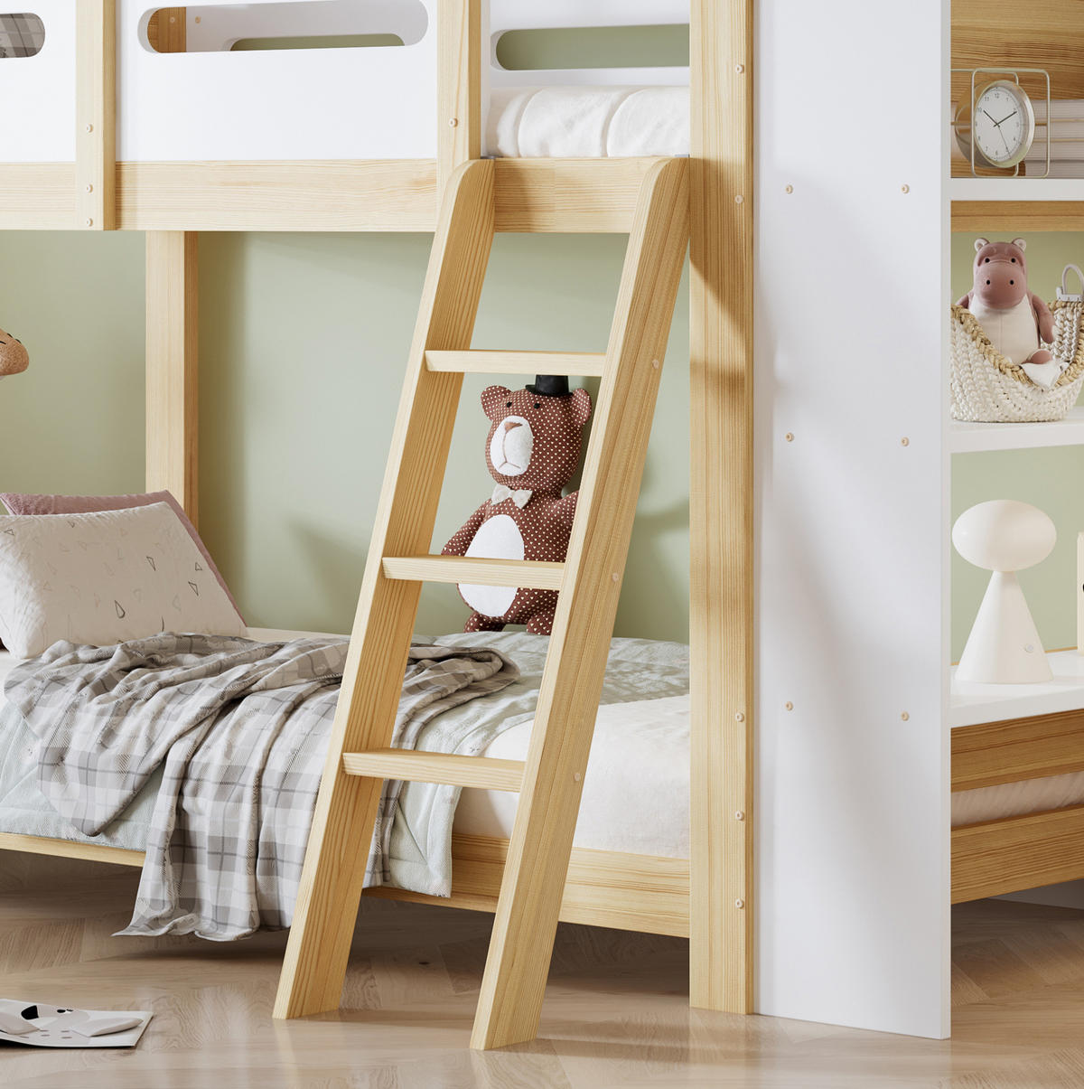 ETAGENBETT 90/200 cm mit 3-stufigem Regal, Trittleiter und Bettgitter aus Kiefernholz & MDF, Weiß/Natur - Weiß, Holzwerkstoff (90/200cm) - Redom