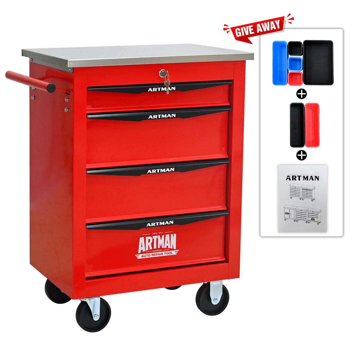KOMBINATIONSKOFFER – 4 Schubladen, rot - Multicolor, Metall (34.5/78/62.5cm) - DCA