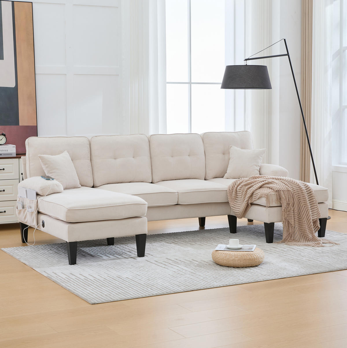 WOHNLANDSCHAFT aus Leinenstoff 250x130x88 cm in Beige mit USB - Beige, Textil (130/88/250cm) - Modfu