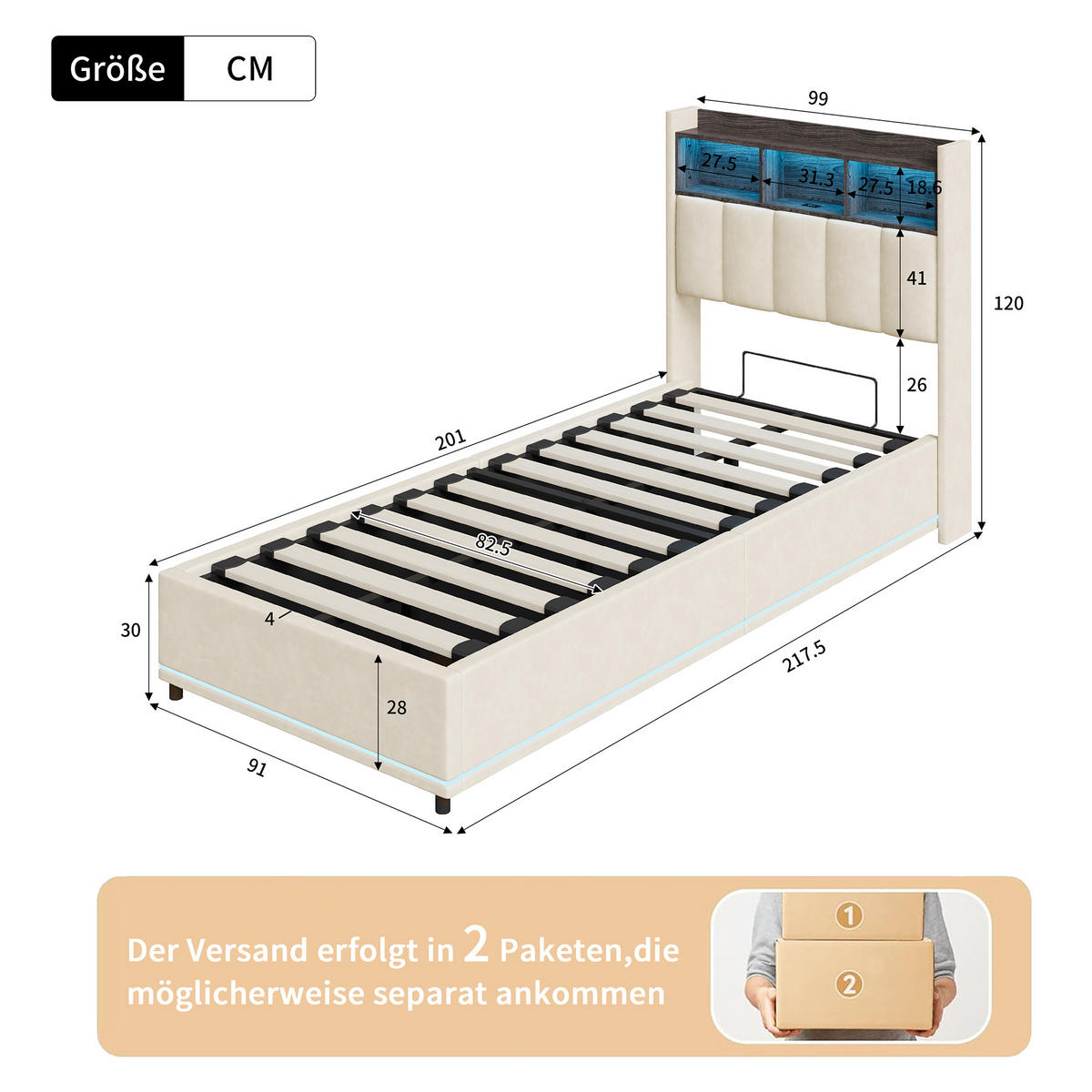 GASDRUCK-EINZELBETT 90x200 cm, LED, Kopfablage, Stauraum, Weiß - Weiß, Metall - SHOPENTRA