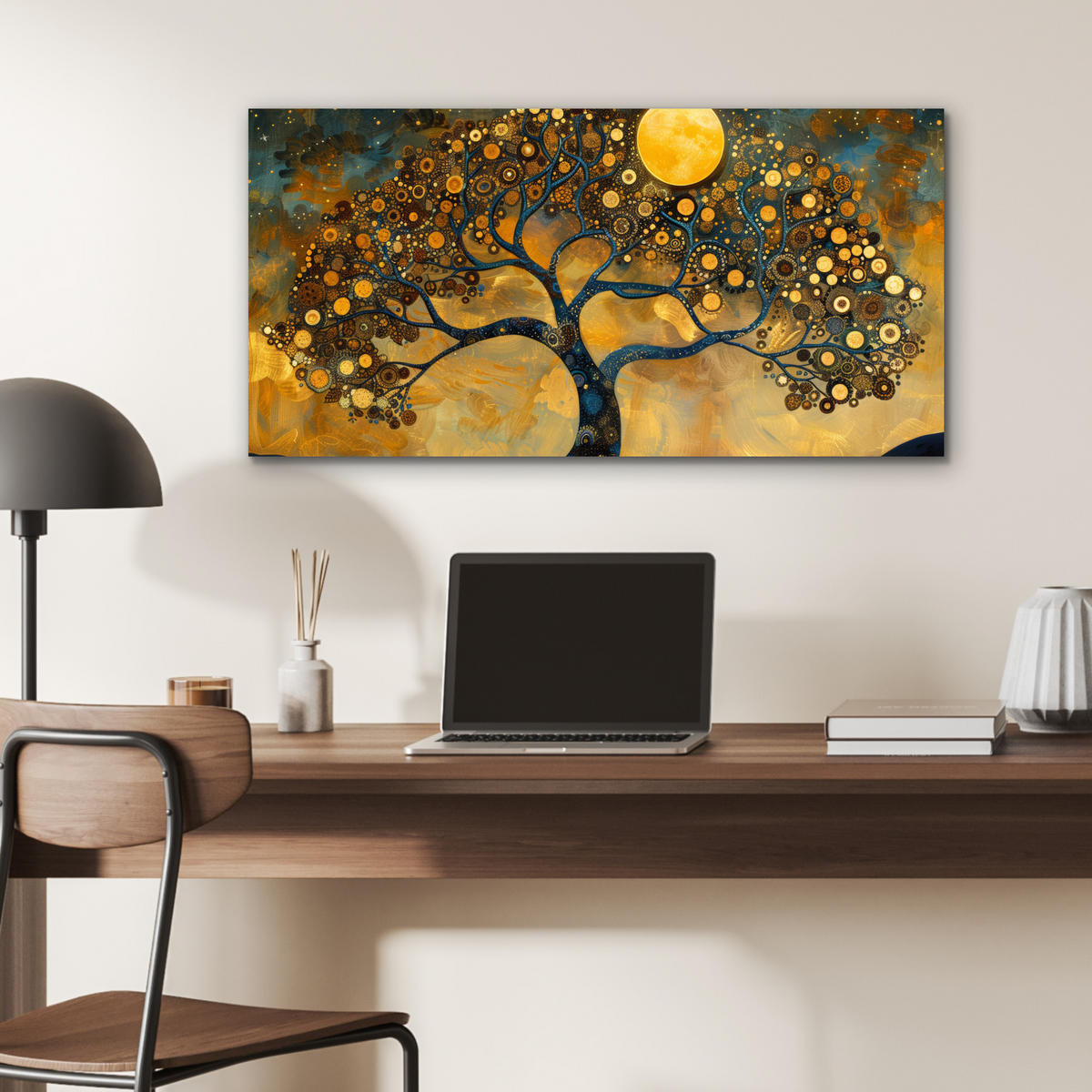 METALLBILD Baum - Mond - Blumen - Gold - Kunst 80x40 cm - Orange, Metall (80/40cm) - MuchoWow