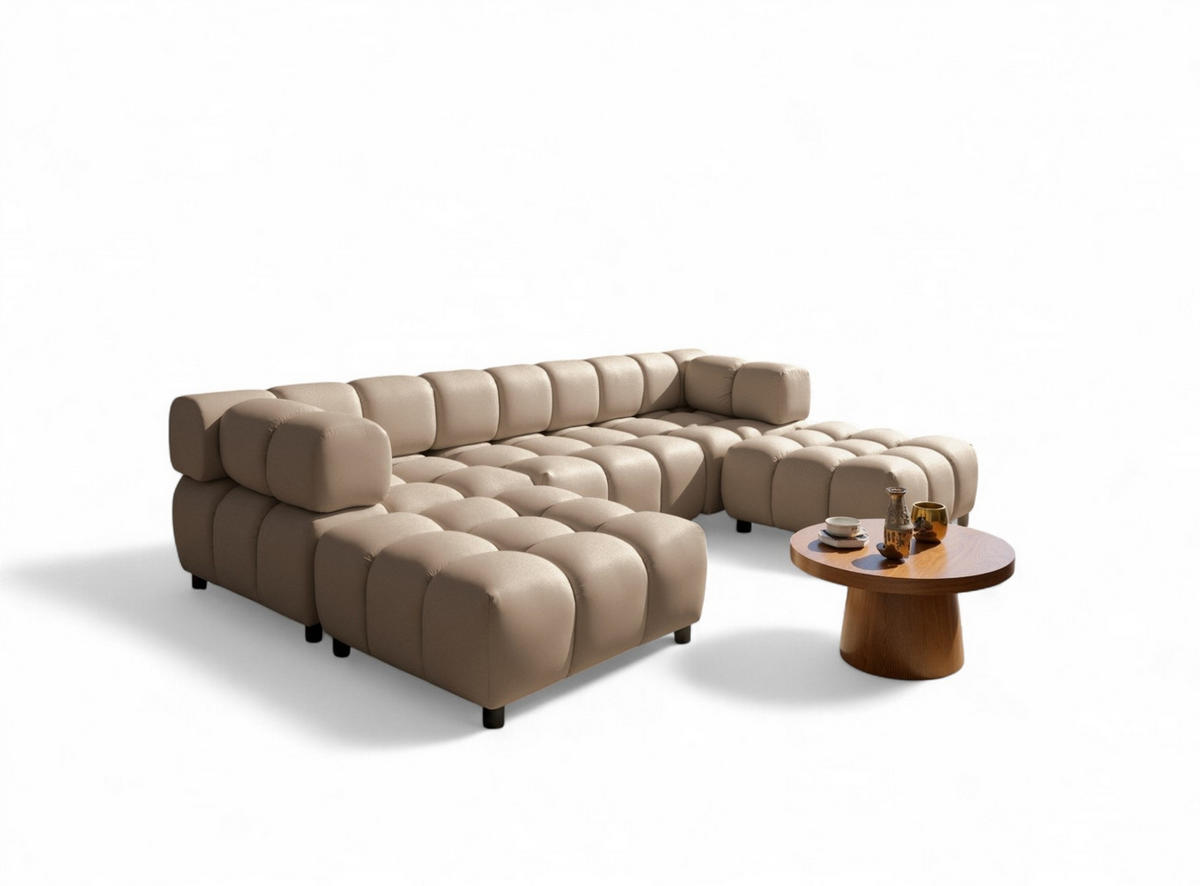 SOFA 3-sitzer Und 2-polsterhocker Flow - Hellbraun, Holzwerkstoff/Textil (288/71/96cm) - Fun Möbel