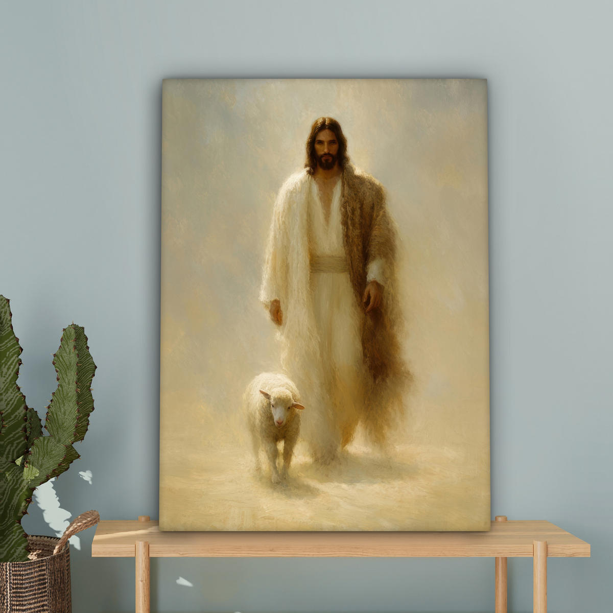 LEINWANDBILD Schaf - Jesus - Pinselstriche - Abstrakt Wandbild Wohnzimmer 60x80 cm - Sandfarben, Textil (60/80cm) - MuchoWow