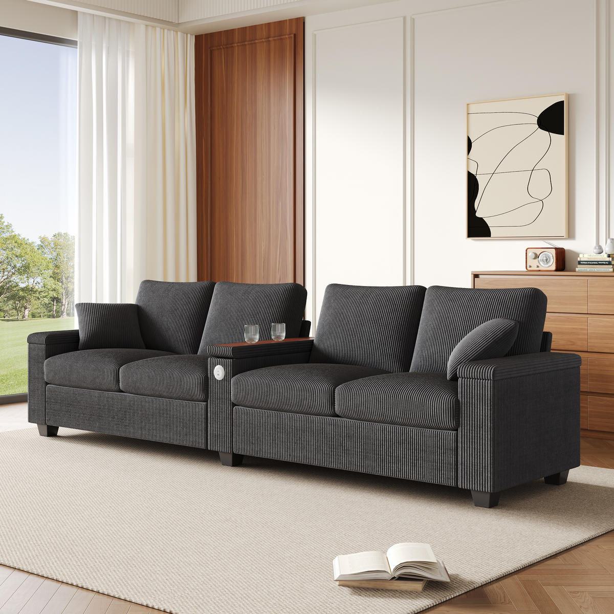 SOFA 4-Sitzer Cord Grau mit USB, USB-C und Stauraum - Grau, Holzwerkstoff/Kunststoff (299/82.7/80cm) - WISHDOR