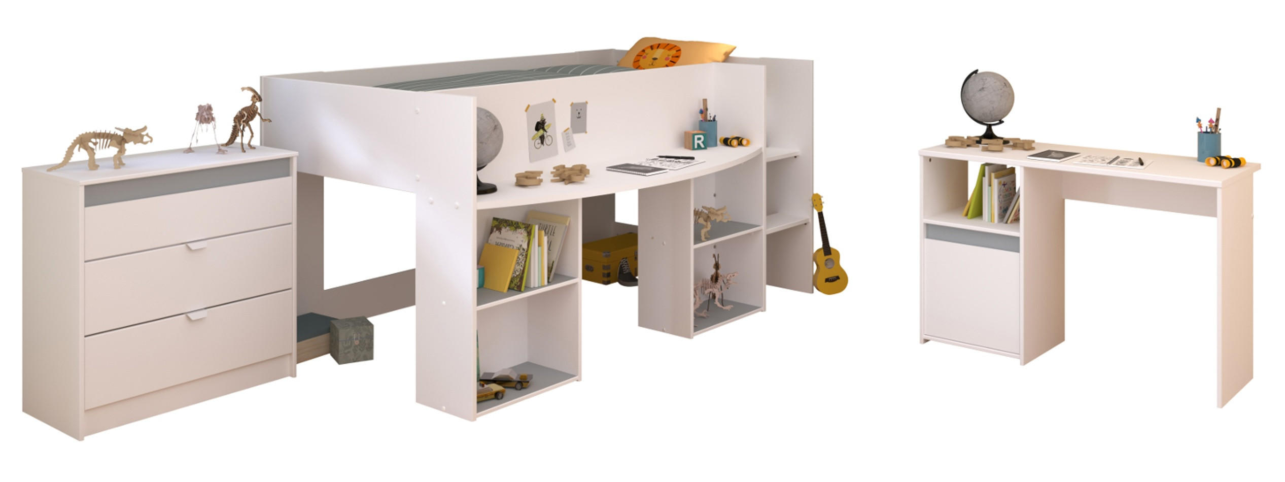 KINDERZIMMER weiß, grau oder rosa, Komplett-Set 3-teilig mit Kleiderschrank, Schreibtisch, Bett 90x200 - Weiß, Holzwerkstoff (110/104/205cm) - Parisot Meuble