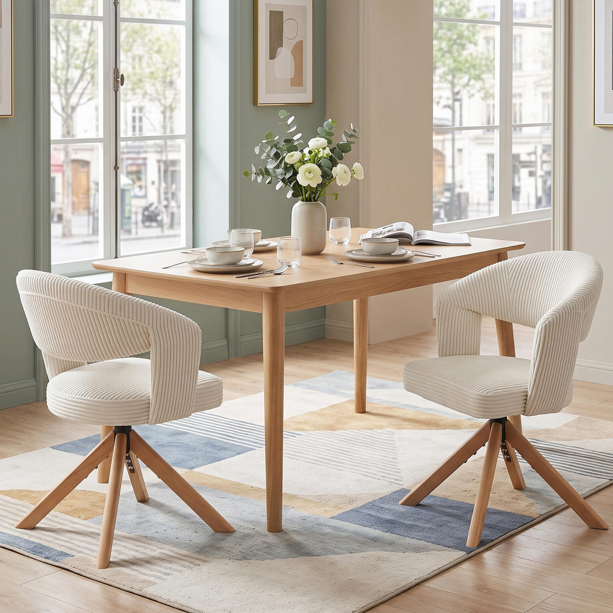 ESSZIMMERSTÜHLE 2er-Set Drehbar Cord Massivholz Retro-Stil - Beige, Textil (47/81.5/47.5cm) - Urban Meuble