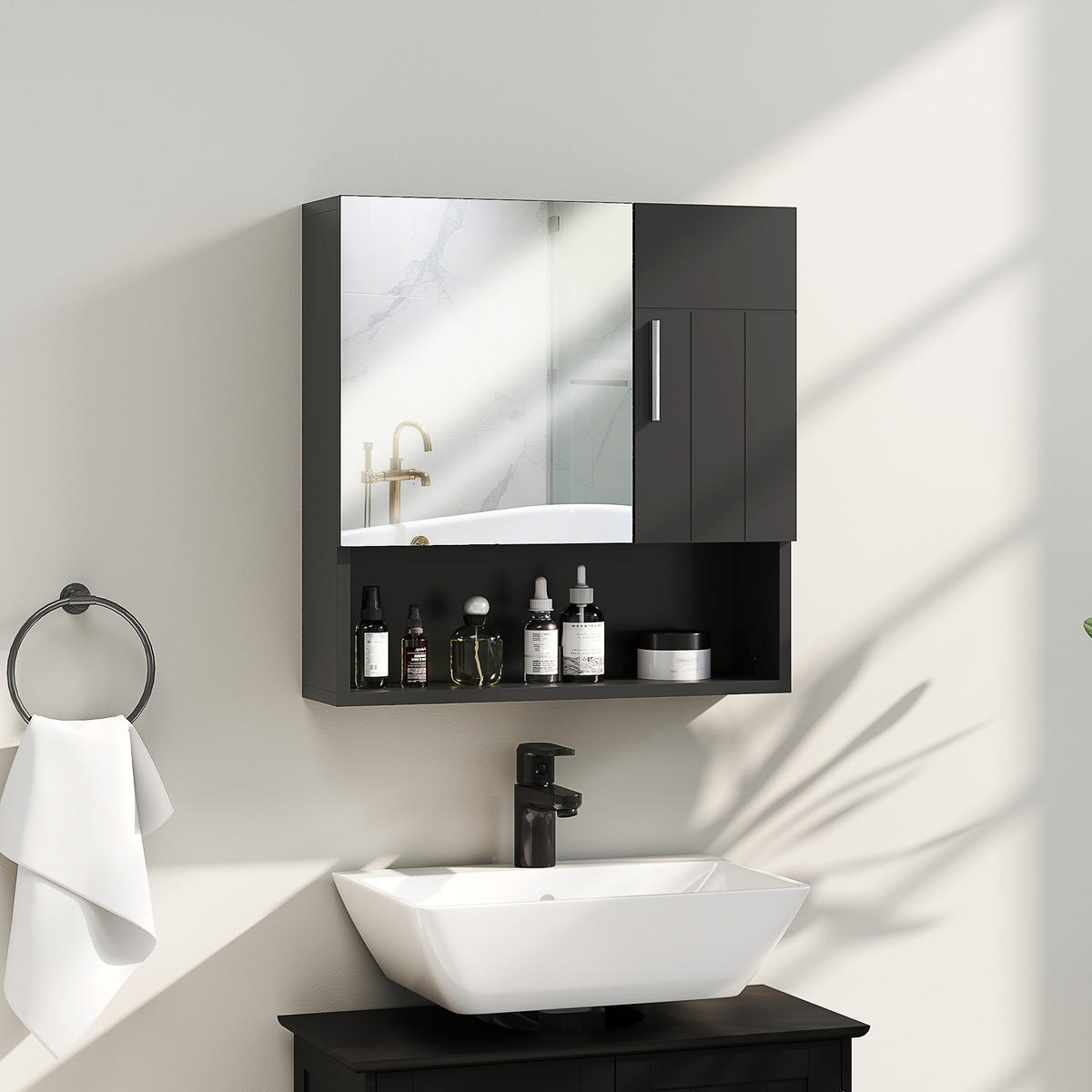 SPIEGELSCHRANK mit Spiegel, verstellbaren Einlegeböden, 54 x 15,2 x 55,3 cm ,Schwarz - Schwarz, Glas (54/55.3/15.2cm) - Vallsero