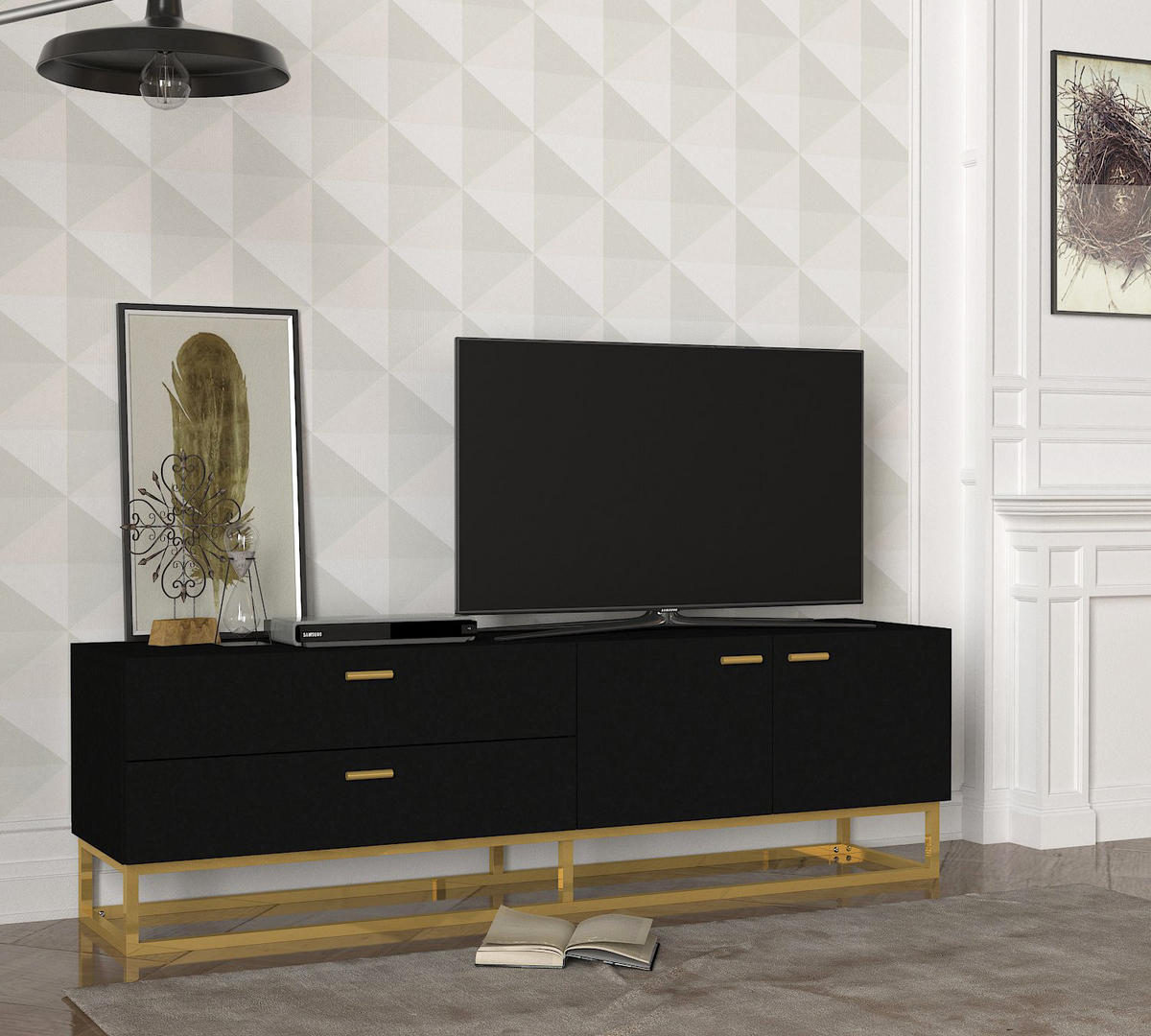 TV-LOWBOARD Theodora Schwarz Gold mit Metall Füße - Goldfarben/Schwarz, Holzwerkstoff/Kunststoff (160/48.1/36.8cm) - moebel17