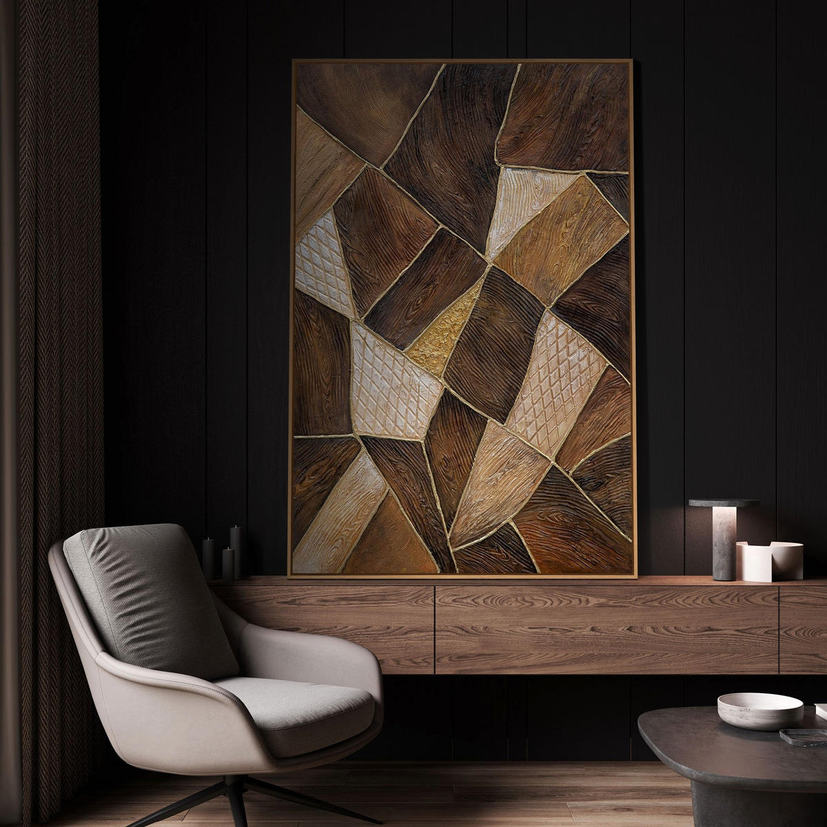 GEMÄLDE Geometrie des Goldes Schattenfugenrahmen Eichefarben 120x80 cm - Eichefarben, Holz (120/80cm) - YS-art gallery