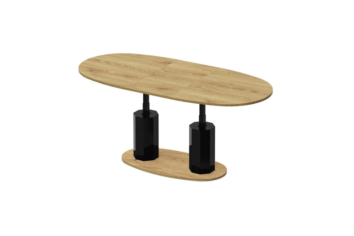COUCHTISCH Eiche Natur Schwarz Hochglanz oval ausziehbar höhenverstellbar - Schwarz Hochglanz/Eichefarben, Holzwerkstoff (80/130/54cm) - designimpex