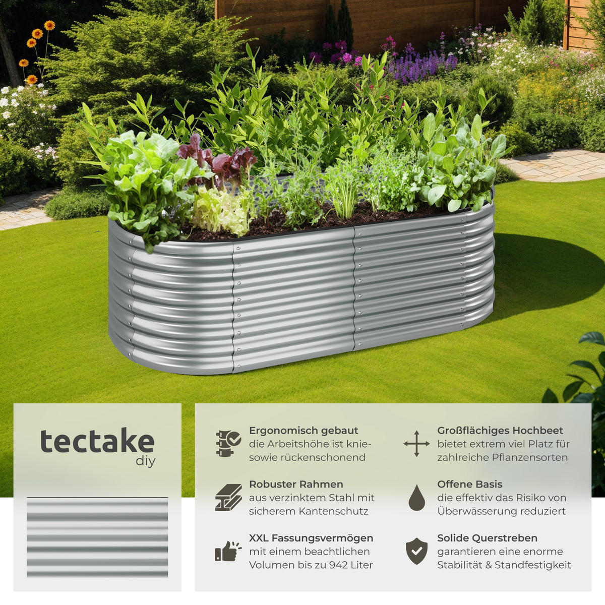 HOCHBEET Flormma,200 x 100 x 60 cm,silber - Silberfarben, Metall (200/60/100cm) - tectake