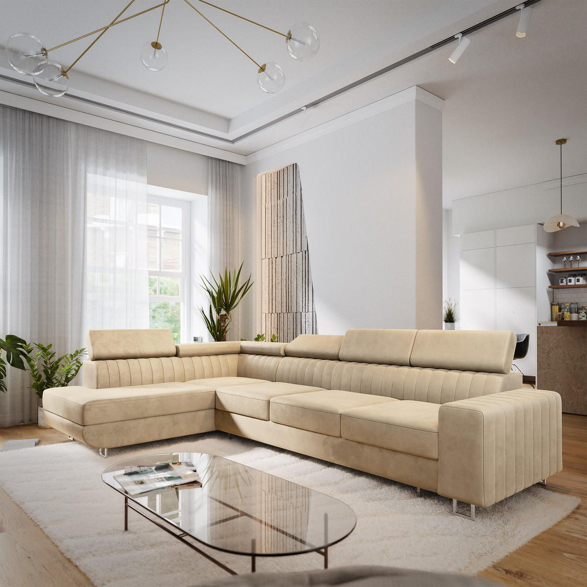 ECKSOFA HESTION Creme Velours-Stoff mit Schlaffunktion - Creme, Holz (332/190cm) - MASSENO