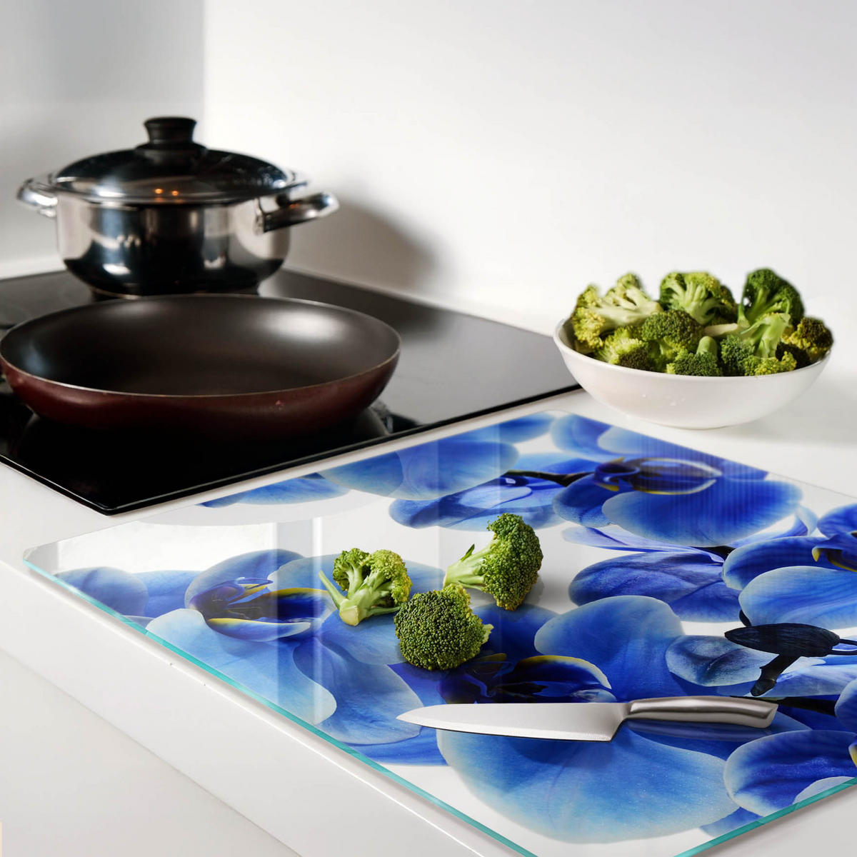 GLASPLATTE 60x52 cm Blaue Orchidee - Blau, Glas (60/0.4/52cm) - TULUP