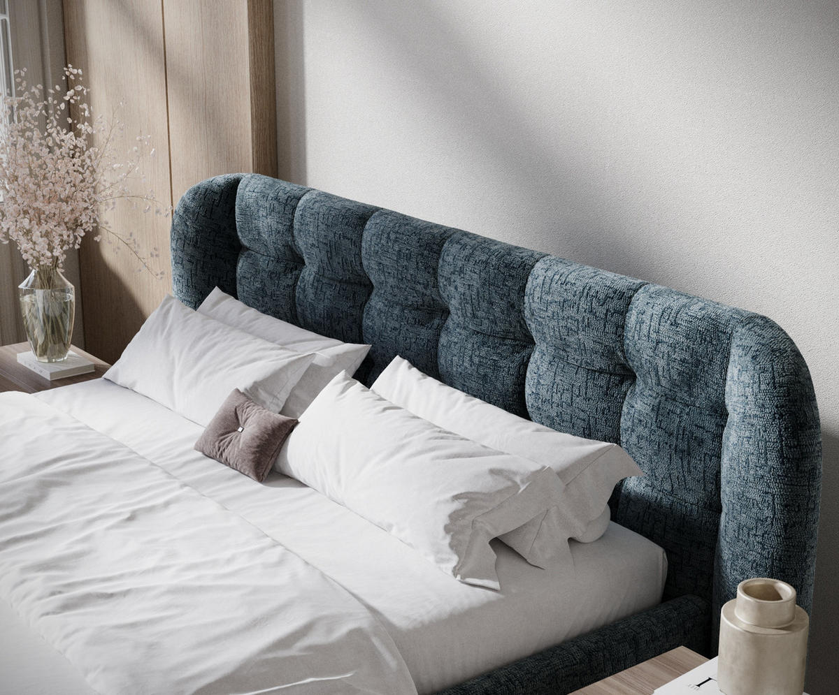 POLSTERBETT Nuno Blau 160/200 cm im Chenille-Stoff - Blau/Schwarz, Holz/Holzwerkstoff (160/200cm) - Maison de Reve