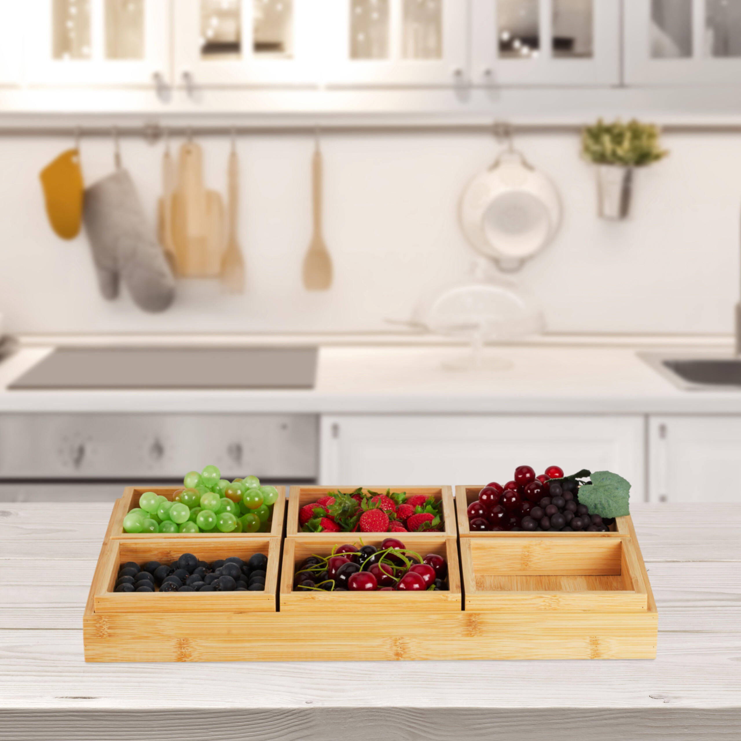 7-TLG.SNACKSCHALEN-SET - Hellbraun, Holz (47/5.5/32.5cm) - Relaxdays