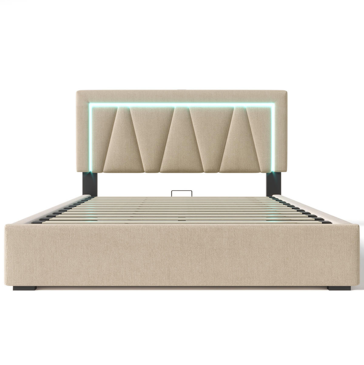 ČALÚNENÁ posteľ 160/200 cm s LED osvetlením, USB a Type-C nabíjaním, úložným priestorom a nastaviteľným čelom, Béžová - béžová, textil (160/200cm) - Redom