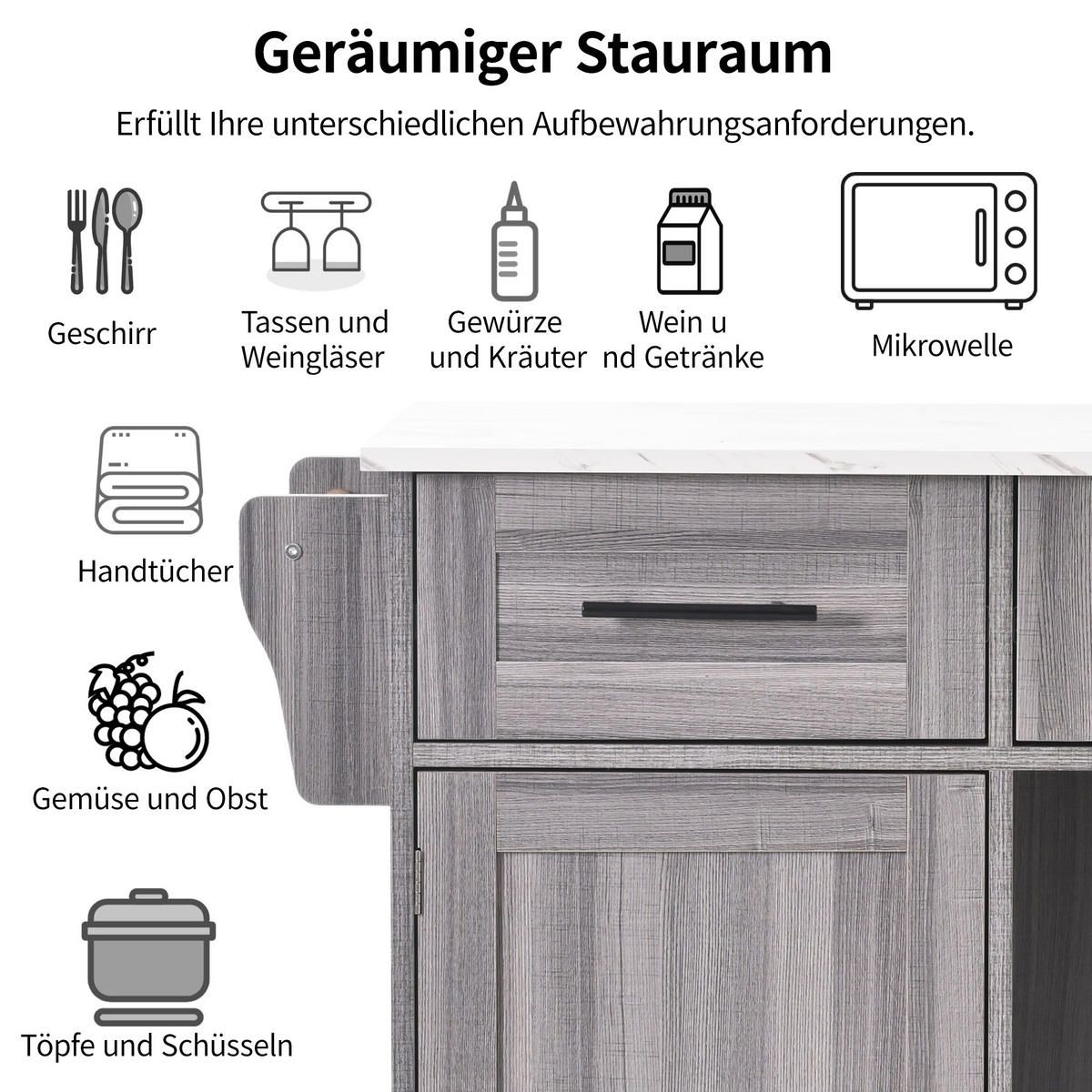 KÜCHENINSELWAGEN 139x71x91.5cm Grau mit Falttisch, Schubladen & Rollen - Grau, Holzwerkstoff (139/91.5/71cm) - Modfu