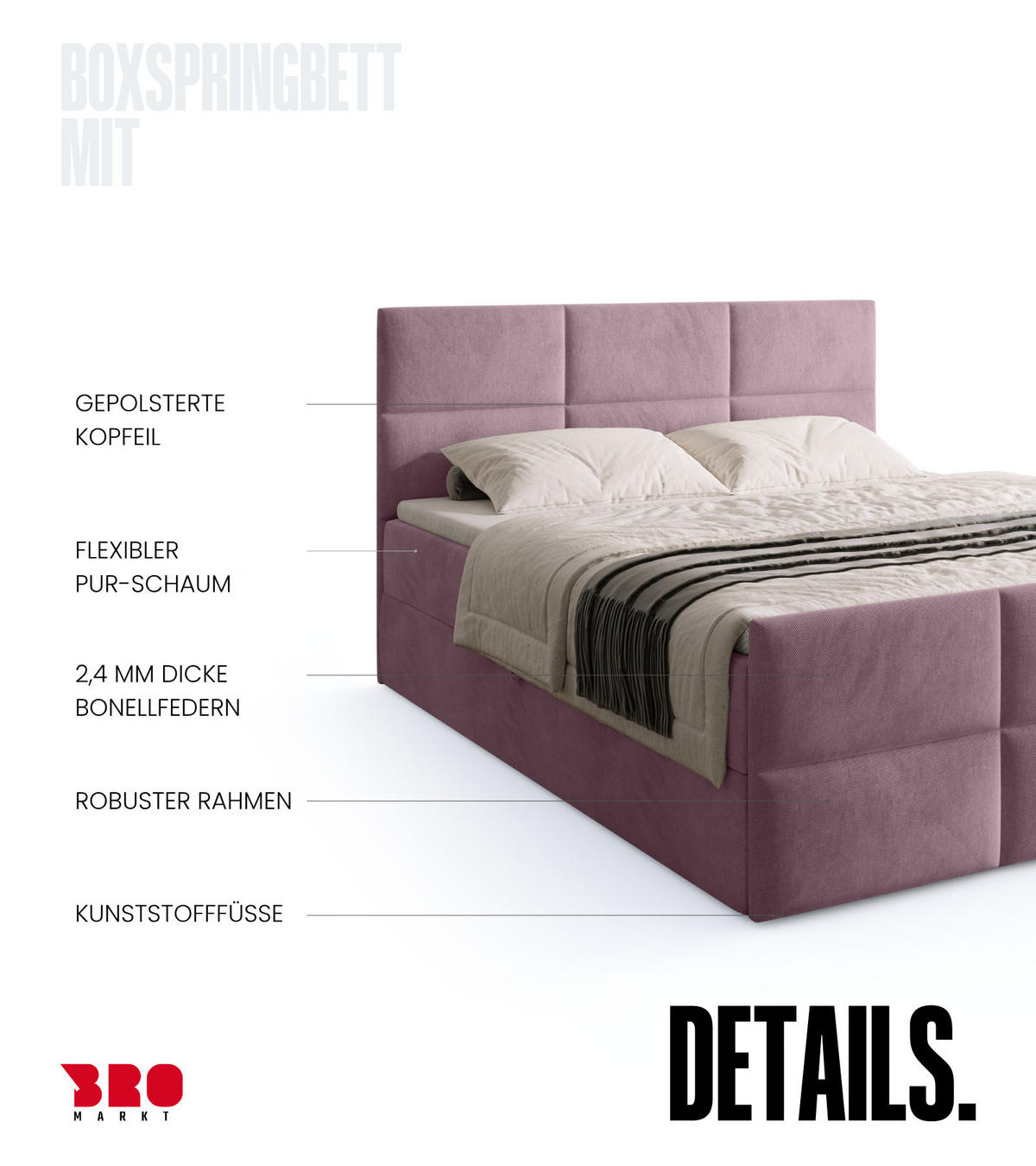 BOXSPRINGBETT Boston Duo Mit Bettkasten, Topper und Matratze Hellrosa Kronos 27 180x200 cm - Hellrosa/Schwarz, Textil (180/200cm) - Bromarkt