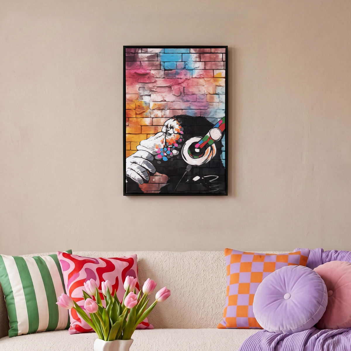 LEINWAND Bilder mit Rahmen - Affe - Graffiti - Musik - 40x60 - Multicolor, Textil (40/60cm) - MuchoWow