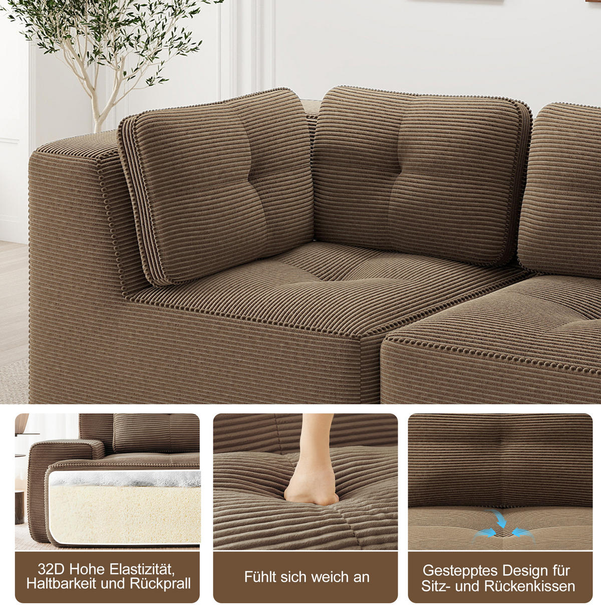 ECKSOFA 208/177/69 cm braun aus Cord mit modularem Design und beweglichem Hocker - Braun, Textil (177/208cm) - OKWISH