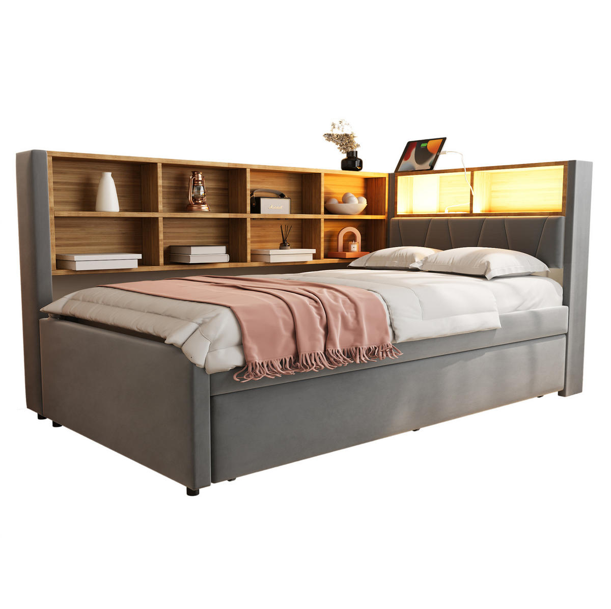 POLSTERBETT aus Flanell 90x200 cm Dunkelgrau mit Ausziehbett, LED, USB-/Type-C-Anschluss, Steckdose und Stauraum - Dunkelgrau, Textil (90/200cm) - Modfu