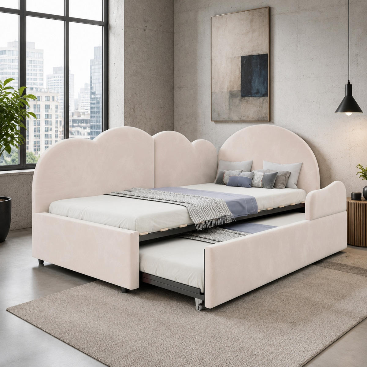 POLSTERBETT 90/200 mit Ausziehbett und Wolkenkopfteil in Beige - Beige, Holzwerkstoff/Textil (90/200cm) - EVRYAE
