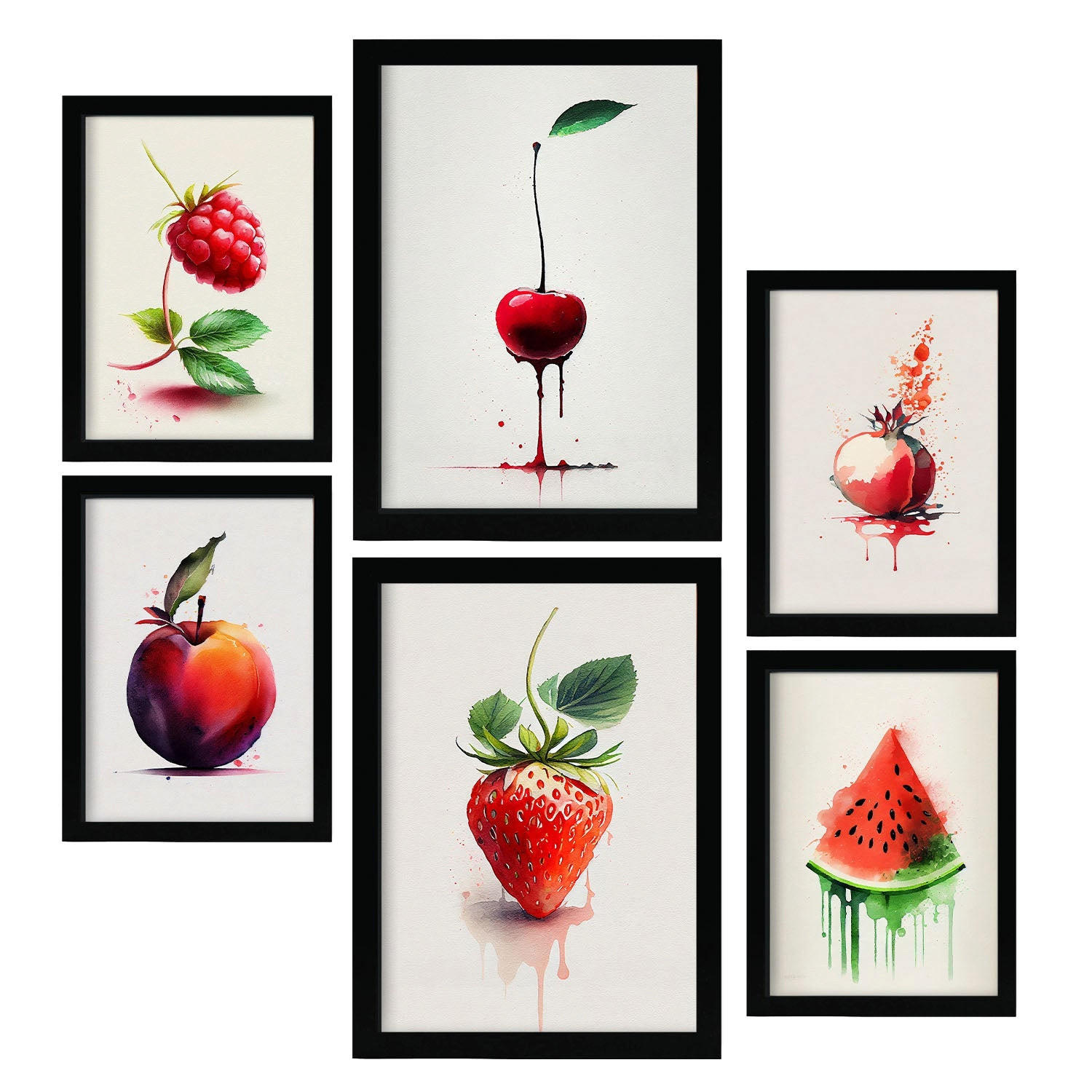 POSTER Set Mit 6 Rote Früchte Plakate Von Obst Gemüse & Gesunden Lebensmitteln Im Aquarell Kunst Auf Reinweißen Hintergründen A3 & A4 Schwarzer Rahmen - Schwarz, Papier (29/3cm) - Nacnic