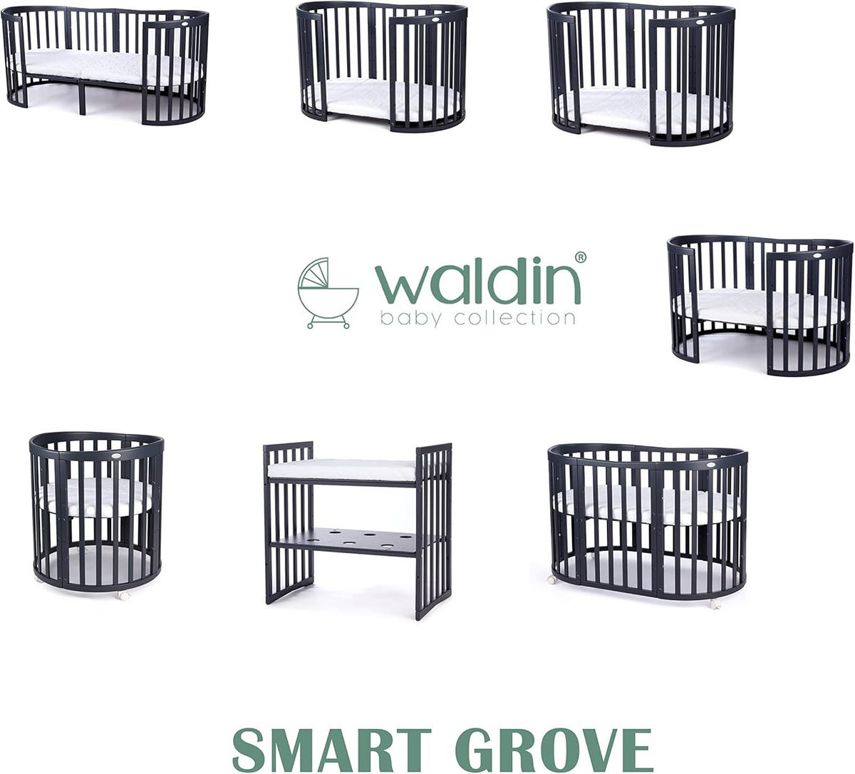 BABYBETT GRAPHITE OVAL 7in1 mit Matratze - Graphitfarben, Holz/Textil