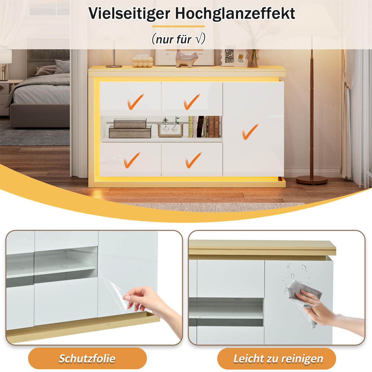 SIDEBOARD in Weiß Hochglanz-Wohnzimmerschrank mit verstellbarer Einlegeboden für Flur, Wohn-, Büros, B140/T40/TH84cm - Weiß/Naturfarben, Glas/Holzwerkstoff (140/84/40cm) - STILVORA