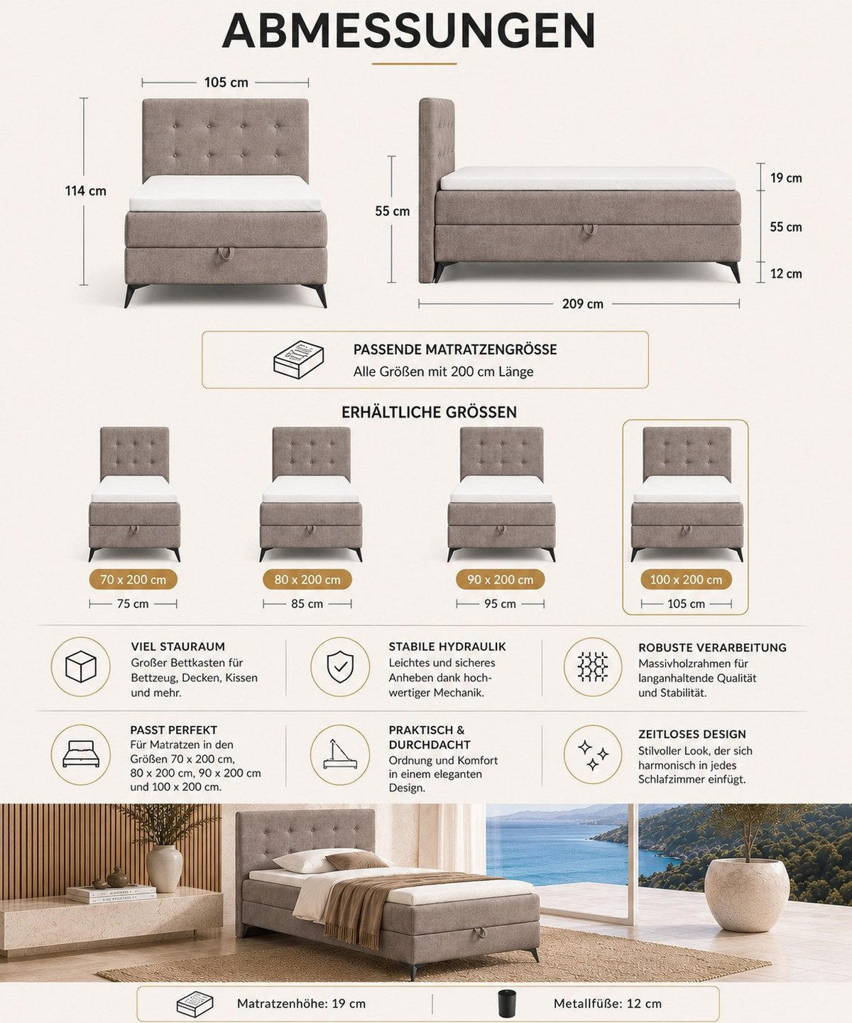 BOXBETT K15 Single SLIM mit Bettkasten & Bonell-Federkern ohne Topper - Taupe, Holz/Textil (200/100cm) - Best For Home