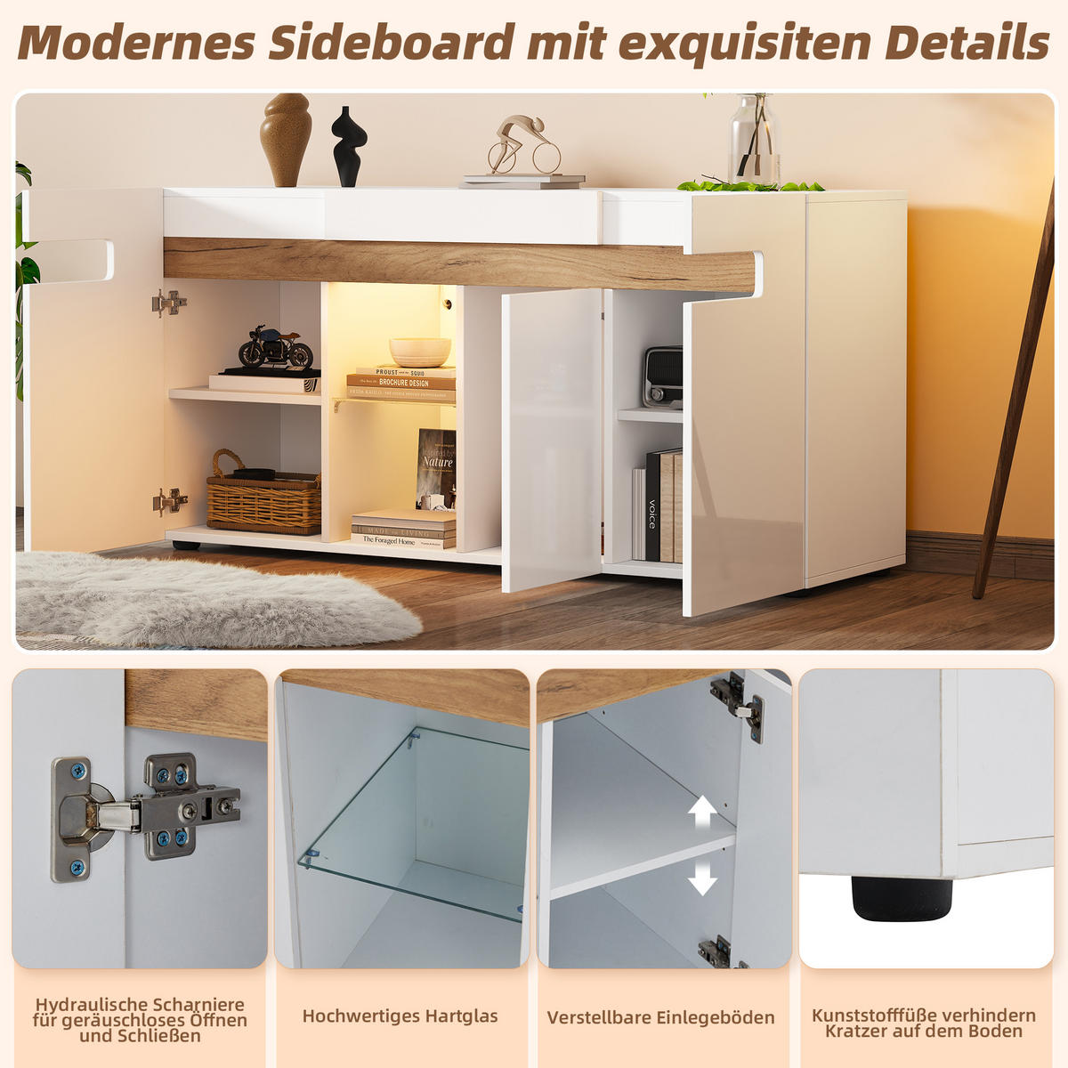SIDEBOARD LED Weiß 3 Türen App Glas 140x40x70cm Hochglanz - Multicolor, Holzwerkstoff (40/70/140cm) - FLIEKS