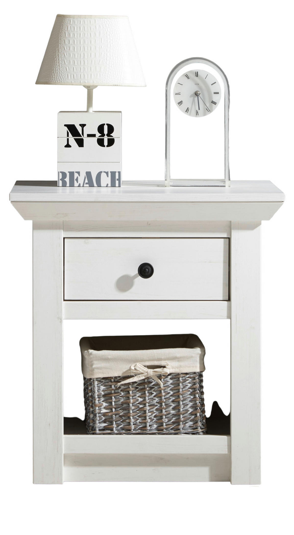 NACHTTISCH Pinie weiß Landhaus, Nachtkommode mit Schublade - Schwarz/Weiß, Holz/Holzwerkstoff (59/62/45cm) - Furn.Design