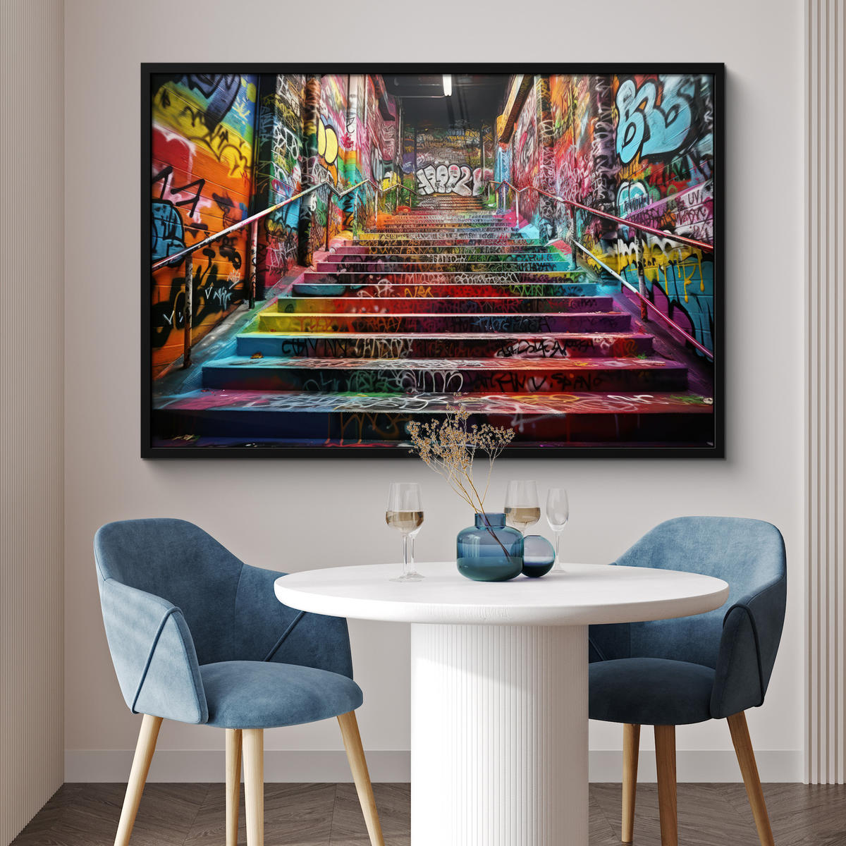 POSTER MIT RAHMEN Treppe - Graffiti - Farben - Kunst 120x80 cm - Multicolor, Papier (120/80cm) - MuchoWow