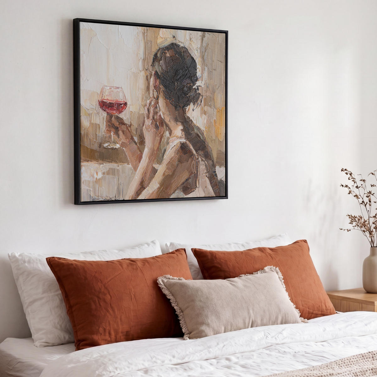 LEINWAND Bilder mit Rahmen - Ölgemälde - Frau - Wein - 50x50 - Hellbraun, Textil (50/50cm) - MuchoWow